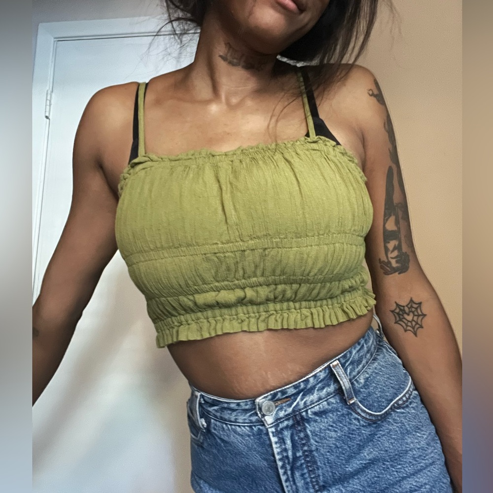Green Smocked Crop Top